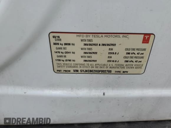 ✅ 2016 Tesla Model X 70D • VIN: 5YJXCBE2XGF002765 • Lot: 81441805. Listed on Copart with 104,304 mi. Free auction sales archive from the USA and detailed vehicle history report at DreamBid. Image 14.