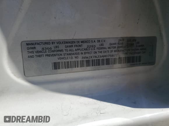 ✅ 2010 Volkswagen Jetta S • VIN: 3VWJX7AJ3AM075822 • Lot: 71417695. Listed on Copart with 214,784 mi. Free auction sales archive from the USA and detailed vehicle history report at DreamBid. Image 12.