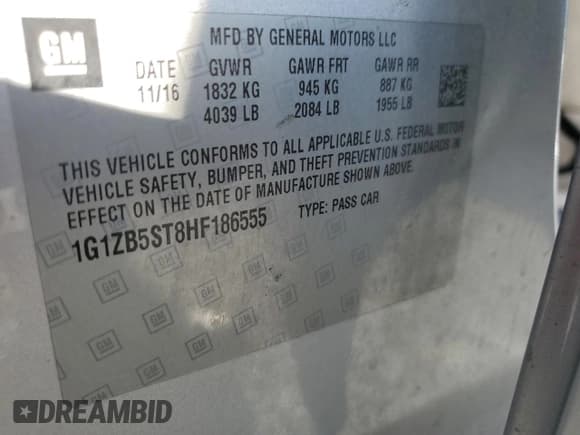 ✅ 2017 Chevrolet Malibu LS • VIN: 1G1ZB5ST8HF186555 • Lot: 91549555. Listed on Copart with 147,648 mi. Free auction sales archive from the USA and detailed vehicle history report at DreamBid. Image 12.