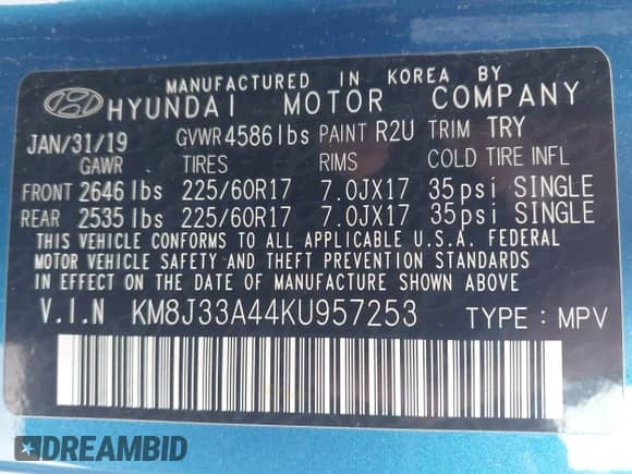 2019 Hyundai Tucson Value with VIN KM8J33A44KU957253, listed as a IAAI auction lot 42887799 with 57,676 mi miles and . Bid and sale history available at DreamBid. Image 9.