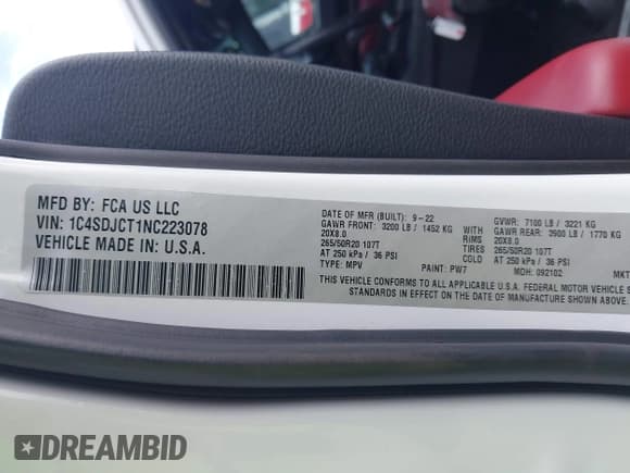 ✅ 2022 Dodge Durango R/T • VIN: 1C4SDJCT1NC223078 • Lot: 41990552. Listed on IAAI with 40,319 mi. Free auction sales archive from the USA and detailed vehicle history report at DreamBid. Image 9.