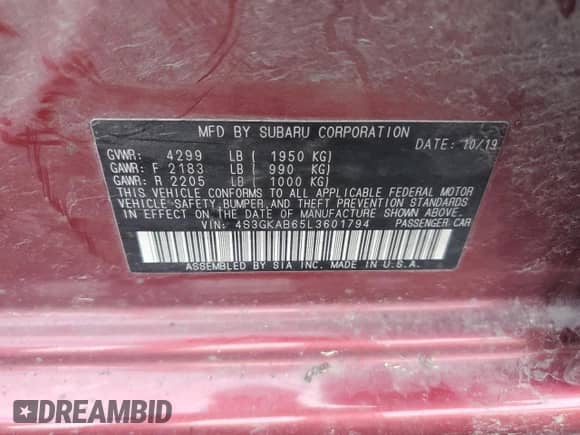 2020 Subaru Impreza with VIN 4S3GKAB65L3601794, listed as a Copart auction lot 86772035 with 28,969 mi miles and Salvage title. Bid and sale history available at DreamBid. Image 12.