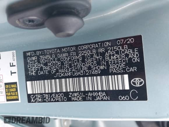 2021 Toyota Prius L Eco with VIN JTDKAMFU6M3127489, listed as a IAAI auction lot 42046658 with 126,249 mi miles and . Bid and sale history available at DreamBid. Image 9.