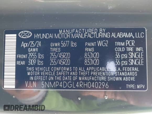 2024 Hyundai Santa Fe Limited с VIN 5NMP4DGL4RH040296, выставлен на аукционе IAAI как лот 41722754 с пробегом 2 188 миль миль и . История ставок и продаж доступна на DreamBid. Изображение 9.