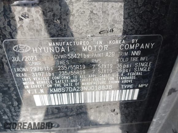 ✅ 2022 Hyundai Santa Fe Limited • VIN: KM8S7DA23NU018838 • Lot: 43121984. Wystawiony na IAAI z przebiegiem 42 871 mil. Bezpłatny archiwum sprzedaży aukcyjnych z USA i szczegółowy raport historii pojazdu na DreamBid. Zdjęcie 9.