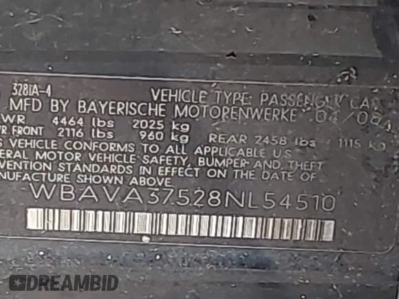 ✅ 2008 BMW 3 Series 328i • VIN: WBAVA37528NL54510 • Лот: 43297782. Опубликован ранее на IAAI с пробегом Не указан. Бесплатный доступ к архиву аукционных продаж из США и подробный отчёт об истории автомобиля на DreamBid. Изображение 9.