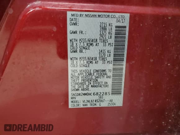 ✅ 2017 Nissan Pathfinder SV • VIN: 5N1DR2MM0HC682285 • Lot: 93483895. Wystawiony na Copart z przebiegiem 179 328 mil. Bezpłatny archiwum sprzedaży aukcyjnych z USA i szczegółowy raport historii pojazdu na DreamBid. Zdjęcie 13.