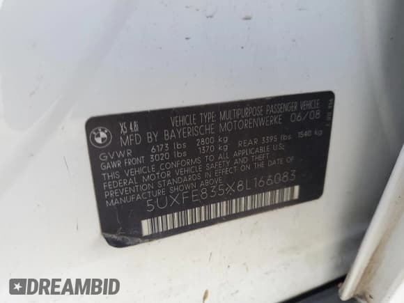 ✅ 2008 BMW X5 4.8i • VIN: 5UXFE835X8L166083 • Лот: 47588925. Опубликован ранее на Copart с пробегом Не указан. Бесплатный доступ к архиву аукционных продаж из США и подробный отчёт об истории автомобиля на DreamBid. Изображение 13.