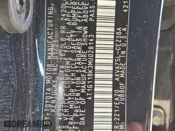 2021 Toyota Camry SE с VIN 4T1G11BK3MU028143, выставлен на аукционе Copart как лот 65530225 с пробегом 110 881 миль миль и Чистый • Clean title. История ставок и продаж доступна на DreamBid. Изображение 12.