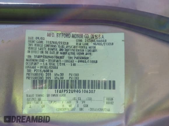 ✅ 2004 Ford Taurus LX • VIN: 1FAFP52U94G106307 • Lot: 43338680. Wystawiony na IAAI z przebiegiem 169 280 mil. Bezpłatny archiwum sprzedaży aukcyjnych z USA i szczegółowy raport historii pojazdu na DreamBid. Zdjęcie 9.