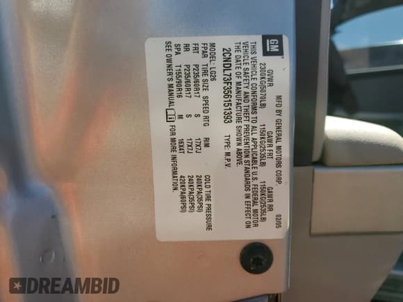 ✅ 2005 Chevrolet Equinox LT • VIN: 2CNDL73F356151393 • Лот: 54712785. Опубликован ранее на Copart с пробегом Не указан. Бесплатный доступ к архиву аукционных продаж из США и подробный отчёт об истории автомобиля на DreamBid. Изображение 12.