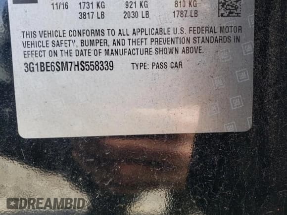 ✅ 2017 Chevrolet Cruze LT • VIN: 3G1BE6SM7HS558339 • Lot: 40263893. Listed on Copart with 61,973 mi. Free auction sales archive from the USA and detailed vehicle history report at DreamBid. Image 12.