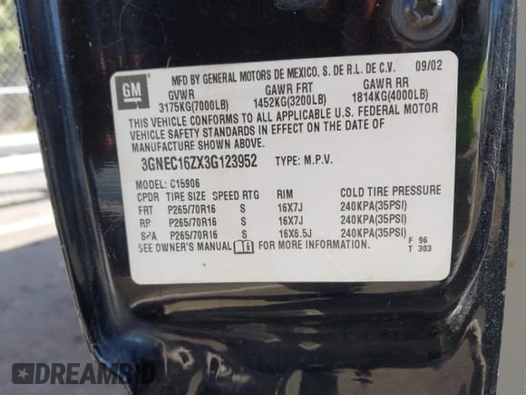 ✅ 2003 Chevrolet Suburban LS • VIN: 3GNEC16ZX3G123952 • Lot: 43382082. Listed on IAAI with 219,368 mi. Free auction sales archive from the USA and detailed vehicle history report at DreamBid. Image 9.