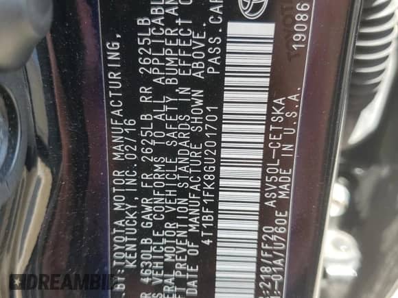 2016 Toyota Camry SE with VIN 4T1BF1FK8GU201701, listed as a Copart auction lot 66201695 with 77,790 mi miles and Non repairable. Bid and sale history available at DreamBid. Image 12.