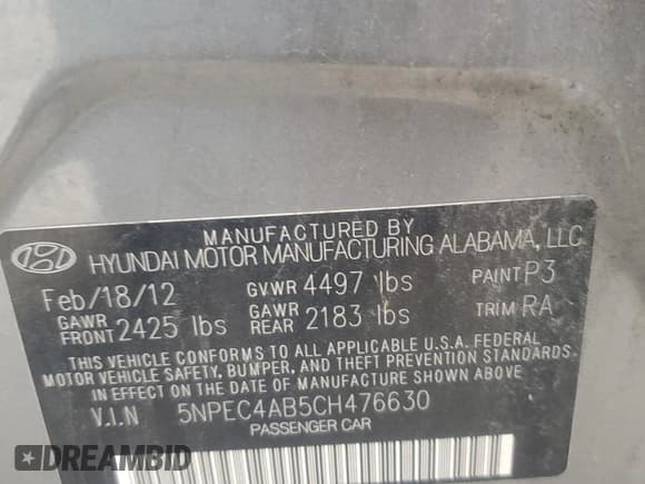 ✅ 2012 Hyundai Sonata Limited • VIN: 5NPEC4AB5CH476630 • Lot: 72505024. Listed on Copart with 123,624 mi. Free auction sales archive from the USA and detailed vehicle history report at DreamBid. Image 12.