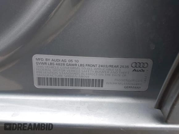 ✅ 2010 Audi A4 Premium Plus • VIN: WAUHFAFL4AN066884 • Lot: 43631878. Listed on IAAI with 164,059 mi. Free auction sales archive from the USA and detailed vehicle history report at DreamBid. Image 9.