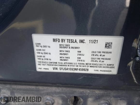 ✅ 2022 Tesla Model S Plaid • VIN: 5YJSA1E63NF459928 • Лот: 43776419. Опубликован ранее на IAAI с пробегом 32 483 миль. Бесплатный доступ к архиву аукционных продаж из США и подробный отчёт об истории автомобиля на DreamBid. Изображение 9.