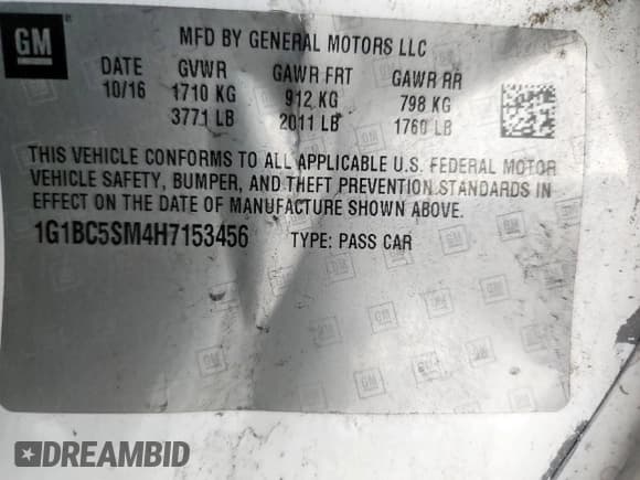 ✅ 2017 Chevrolet Cruze LS • VIN: 1G1BC5SM4H7153456 • Lot: 90489665. Listed on Copart with 157,526 mi. Free auction sales archive from the USA and detailed vehicle history report at DreamBid. Image 13.