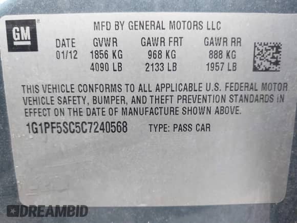 2012 Chevrolet Cruze 1LT z VIN 1G1PF5SC5C7240568, wystawiony jako IAAI lot #43441891 z przebiegiem 100 950 mil mil oraz . Historia ofert i sprzedaży dostępna na DreamBid. Obrazek 9.