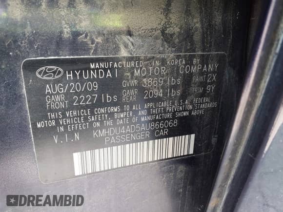 2010 Hyundai Elantra SE with VIN KMHDU4AD5AU866068, listed as a IAAI auction lot 42936564 with 145,643 mi miles and . Bid and sale history available at DreamBid. Image 9.