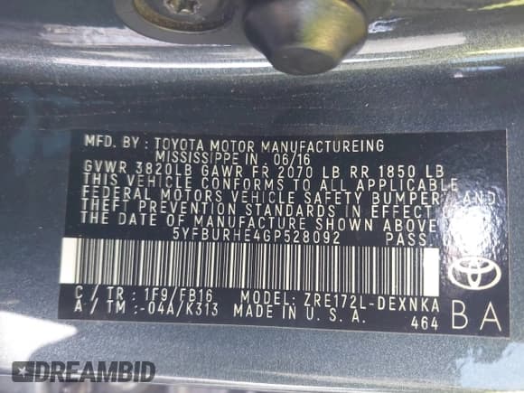 ✅ 2016 Toyota Corolla L • VIN: 5YFBURHE4GP528092 • Lot: 43462902. Listed on IAAI with 141,038 mi. Free auction sales archive from the USA and detailed vehicle history report at DreamBid. Image 9.