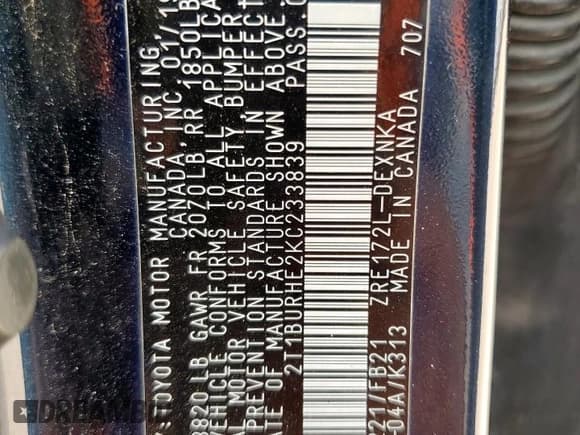 ✅ 2019 Toyota Corolla SE • VIN: 2T1BURHE2KC233839 • Lot: 83806265. Wystawiony na Copart z przebiegiem 94 497 mil. Bezpłatny archiwum sprzedaży aukcyjnych z USA i szczegółowy raport historii pojazdu na DreamBid. Zdjęcie 12.