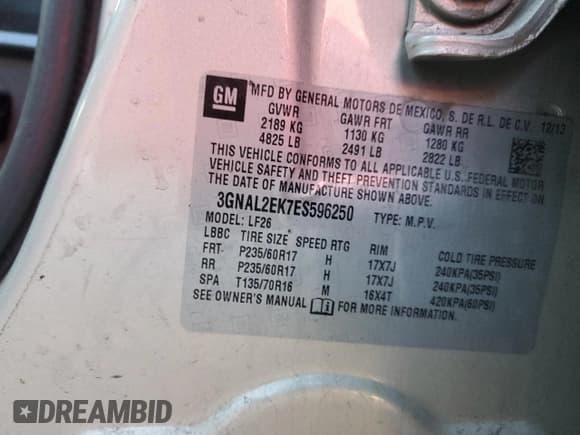 ✅ 2014 Chevrolet Captiva Sport LS • VIN: 3GNAL2EK7ES596250 • Lot: 88295555. Wystawiony na Copart z przebiegiem 72 221 mil. Bezpłatny archiwum sprzedaży aukcyjnych z USA i szczegółowy raport historii pojazdu na DreamBid. Zdjęcie 12.