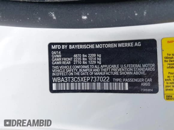 ✅ 2014 BMW 4 Series 435i • VIN: WBA3T3C5XEP737022 • Лот: 42135541. Опубликован ранее на IAAI с пробегом 70 080 миль. Бесплатный доступ к архиву аукционных продаж из США и подробный отчёт об истории автомобиля на DreamBid. Изображение 9.