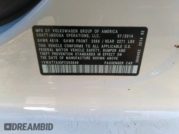 ✅ 2015 Volkswagen Passat Limited Edition • VIN: 1VWAT7A30FC003949 • Lot: 41841694. Listed on IAAI with 136,168 mi. Free auction sales archive from the USA and detailed vehicle history report at DreamBid. Image 9.