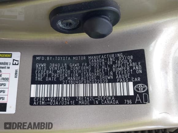 ✅ 2009 Toyota Corolla • VIN: 2T1BU40EX9C022039 • Lot: 42230127. Listed on IAAI with 131,506 mi. Free auction sales archive from the USA and detailed vehicle history report at DreamBid. Image 9.