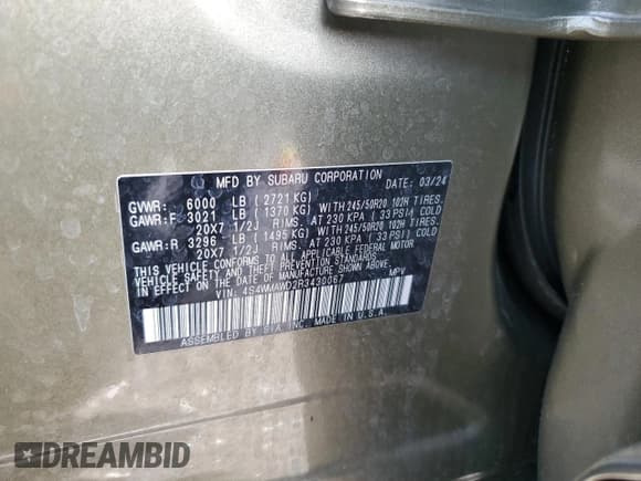 ✅ 2024 Subaru Ascent Touring • VIN: 4S4WMAWD2R3430067 • Lot: 64677465. Listed on Copart with 17,598 mi. Free auction sales archive from the USA and detailed vehicle history report at DreamBid. Image 13.