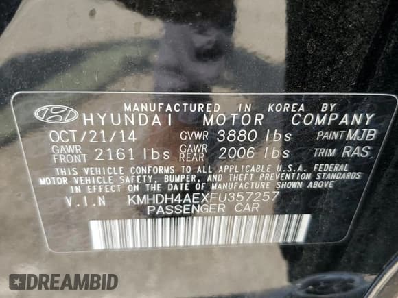 ✅ 2015 Hyundai Elantra Limited • VIN: KMHDH4AEXFU357257 • Lot: 68859125. Listed on Copart with Not provided. Free auction sales archive from the USA and detailed vehicle history report at DreamBid. Image 12.