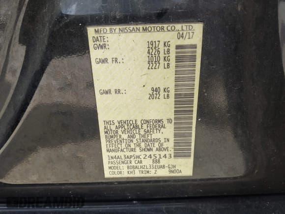 ✅ 2017 Nissan Altima SL • VIN: 1N4AL3AP5HC245143 • Lot: 42808226. Listed on IAAI with Not provided. Free auction sales archive from the USA and detailed vehicle history report at DreamBid. Image 9.