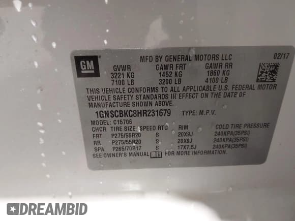 ✅ 2017 Chevrolet Tahoe LT • VIN: 1GNSCBKC8HR231679 • Lot: 42244271. Listed on IAAI with 139,222 mi. Free auction sales archive from the USA and detailed vehicle history report at DreamBid. Image 9.