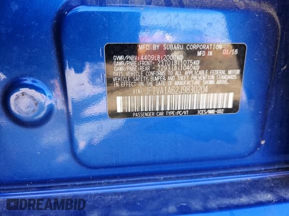 ✅ 2018 Subaru WRX • VIN: JF1VA1A62J9830204 • Lot: 81957255. Listed on Copart with 69,831 mi. Free auction sales archive from the USA and detailed vehicle history report at DreamBid. Image 12.