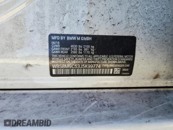 ✅ 2018 BMW M3 • VIN: WBS8M9C53J5K99774 • Lot: 92917515. Listed on Copart with Not provided. Free auction sales archive from the USA and detailed vehicle history report at DreamBid. Image 12.