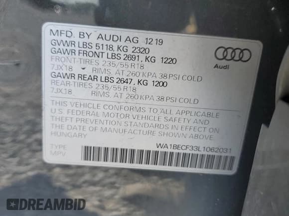 ✅ 2020 Audi Q3 Premium Plus • VIN: WA1BECF33L1062031 • Lot: 66167705. Listed on Copart with 69,669 mi. Free auction sales archive from the USA and detailed vehicle history report at DreamBid. Image 14.