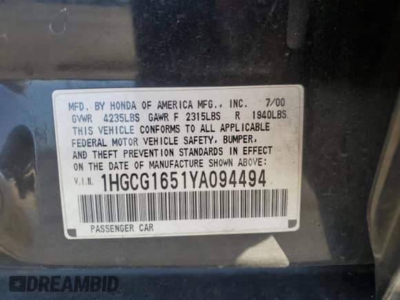 2000 Honda Accord EX с VIN 1HGCG1651YA094494, выставлен на аукционе Copart как лот 86269555 с пробегом 100 293 миль миль и Списание • Salvage title. История ставок и продаж доступна на DreamBid. Изображение 13.