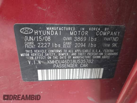 2008 Hyundai Elantra GLS with VIN KMHDU46D18U535782, listed as a IAAI auction lot 43254979 with 214,679 mi miles and . Bid and sale history available at DreamBid. Image 9.