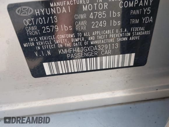 ✅ 2013 Hyundai Azera • VIN: KMHFH4JGXDA329113 • Lot: 42291091. Listed on IAAI with 152,147 mi. Free auction sales archive from the USA and detailed vehicle history report at DreamBid. Image 9.