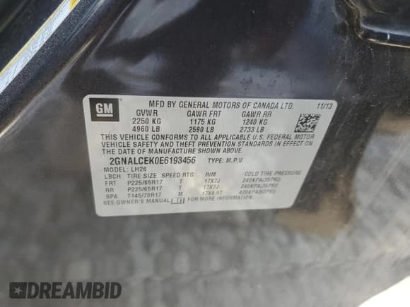 ✅ 2014 Chevrolet Equinox LT • VIN: 2GNALCEK0E6193456 • Lot: 90846685. Listed on Copart with 166,658 mi. Free auction sales archive from the USA and detailed vehicle history report at DreamBid. Image 12.