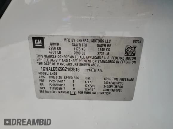 ✅ 2016 Chevrolet Equinox LT • VIN: 1GNALCEK5GZ103516 • Лот: 68491004. Опубликован ранее на Copart с пробегом 60 801 миль. Бесплатный доступ к архиву аукционных продаж из США и подробный отчёт об истории автомобиля на DreamBid. Изображение 13.