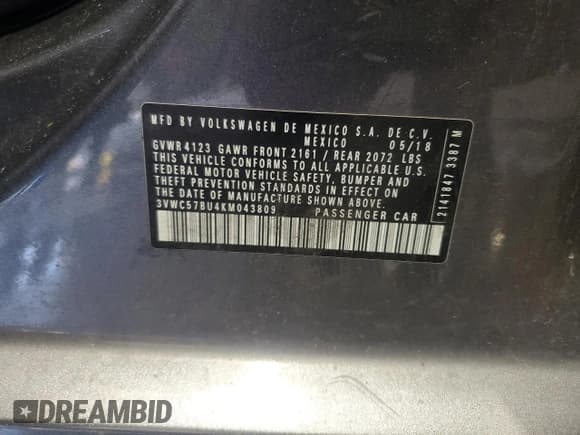 ✅ 2019 Volkswagen Jetta S • VIN: 3VWC57BU4KM043809 • Лот: 65880985. Опубликован ранее на Copart с пробегом 134 145 миль. Бесплатный доступ к архиву аукционных продаж из США и подробный отчёт об истории автомобиля на DreamBid. Изображение 12.