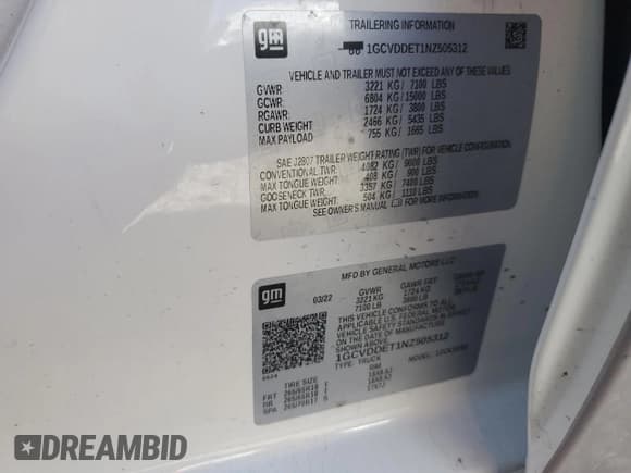 ✅ 2022 Chevrolet Silverado 1500 • VIN: 1GCVDDET1NZ505312 • Лот: 68635944. Опубликован ранее на Copart с пробегом 52 676 миль. Бесплатный доступ к архиву аукционных продаж из США и подробный отчёт об истории автомобиля на DreamBid. Изображение 12.