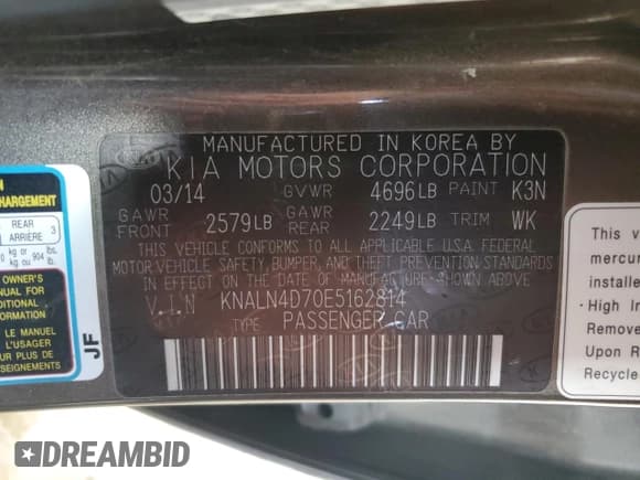 ✅ 2014 Kia Cadenza Premium • VIN: KNALN4D70E5162814 • Lot: 61726865. Listed on Copart with 127,815 mi. Free auction sales archive from the USA and detailed vehicle history report at DreamBid. Image 13.