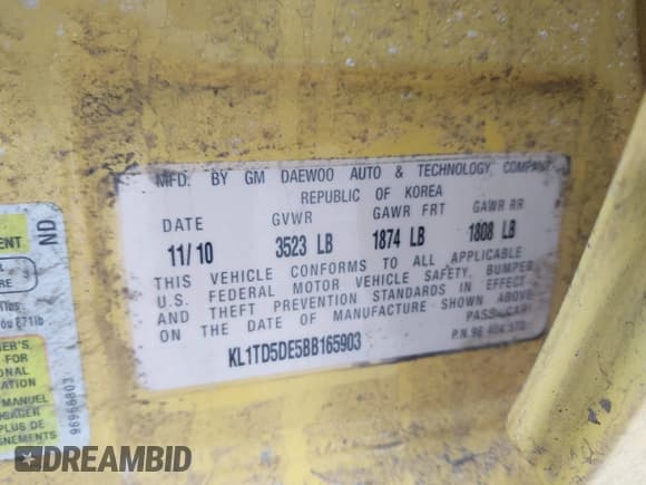 ✅ 2011 Chevrolet Aveo 1LT • VIN: KL1TD5DE5BB165903 • Lot: 41519320. Wystawiony na IAAI z przebiegiem 122 387 mil. Bezpłatny archiwum sprzedaży aukcyjnych z USA i szczegółowy raport historii pojazdu na DreamBid. Zdjęcie 9.