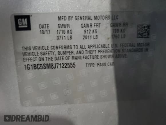 ✅ 2018 Chevrolet Cruze LS • VIN: 1G1BC5SM8J7122555 • Lot: 70678885. Listed on Copart with 101,938 mi. Free auction sales archive from the USA and detailed vehicle history report at DreamBid. Image 12.