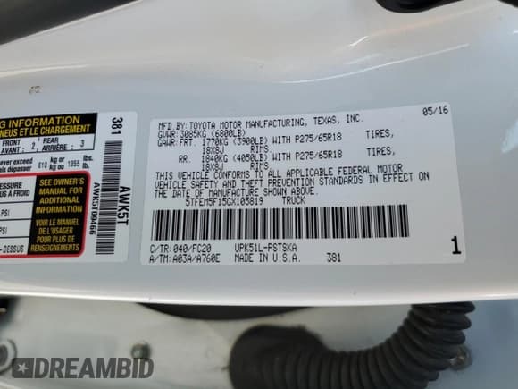 ✅ 2016 Toyota Tundra SR5 • VIN: 5TFEM5F15GX105819 • Лот: 50968275. Опубликован ранее на Copart с пробегом Не указан. Бесплатный доступ к архиву аукционных продаж из США и подробный отчёт об истории автомобиля на DreamBid. Изображение 12.