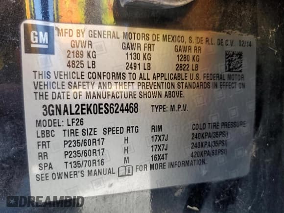 ✅ 2014 Chevrolet Captiva Sport LS • VIN: 3GNAL2EK0ES624468 • Lot: 50407535. Wystawiony na Copart z przebiegiem 222 763 mil. Bezpłatny archiwum sprzedaży aukcyjnych z USA i szczegółowy raport historii pojazdu na DreamBid. Zdjęcie 13.