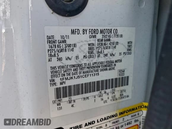 ✅ 2012 Ford Expedition Max XLT • VIN: 1FMJK1J51CEF11315 • Lot: 96791735. Listed on Copart with 226,899 mi. Free auction sales archive from the USA and detailed vehicle history report at DreamBid. Image 13.